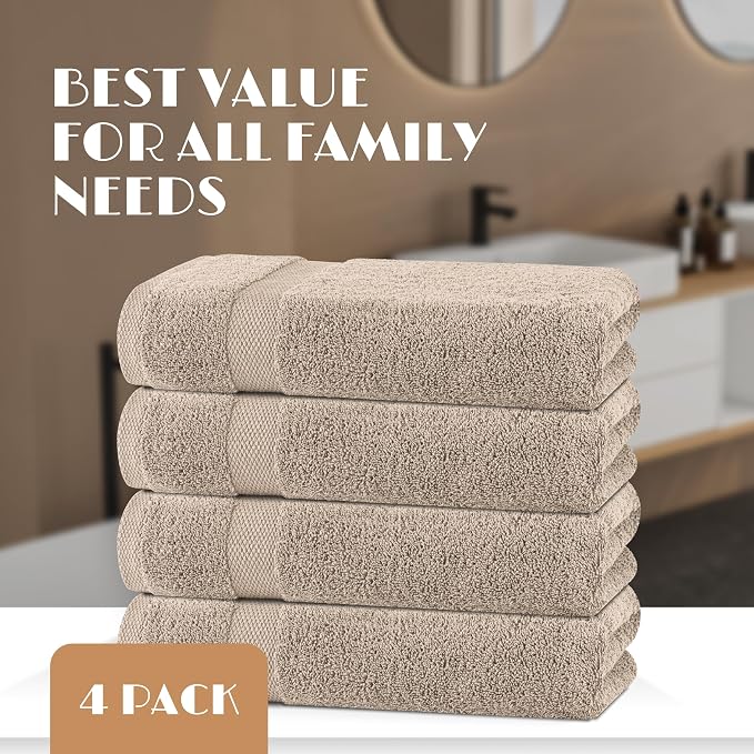 White Classic Wealuxe Taupe Bath Towels 27x54 Inch, Cotton Towel Set - Image 4