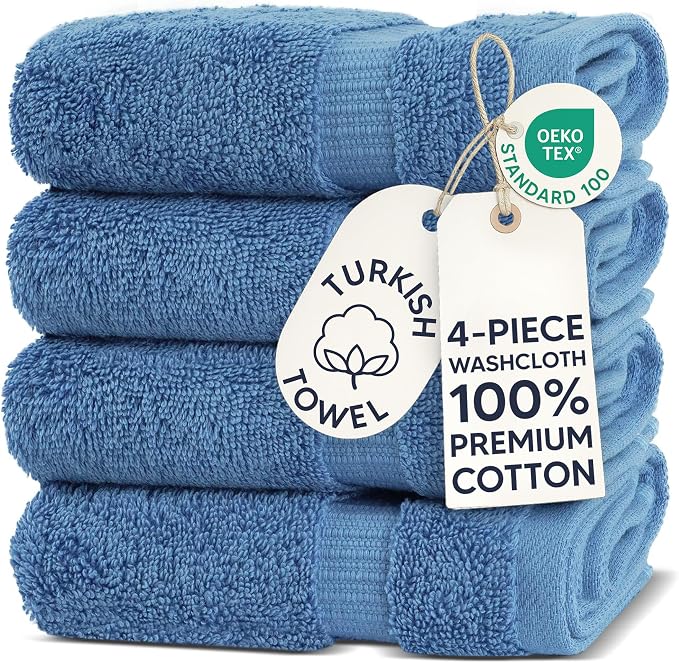 Chakir Turkish Linens 100% Cotton 4-Pack Washcloths 13x13, Wedgewood | Premium by ChakirTurkishLinens