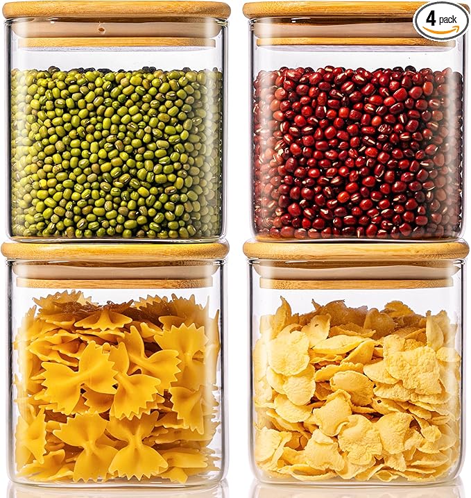 27oz - 4 Pack Square Glass Jars with Bamboo Lids, Glass Food Storage Containers with Airtight Lids for Kitchen, Air Tight Pantry Storage Containers