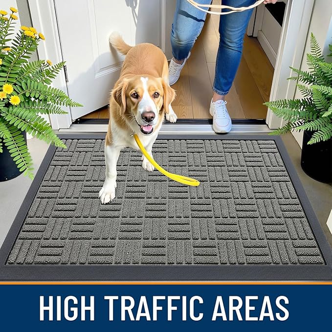 OLANLY Front Door Mat Outside Entrance 47x32, Absorbent, Heavy Duty Sturdy Natural Rubber Doormat Indoor Outdoor, Non-Slip, Stain and Fade Resistant, Low Profile Floor Mat for Entryway, Modern Gray