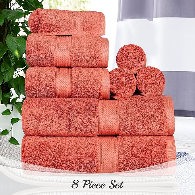 SUPERIOR Egyptian Cotton Ultra Plush & Absorbent, 8 Piece Set, Coral | Quick Dry - Image 9