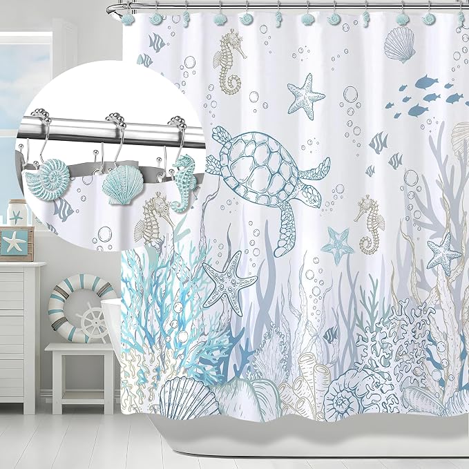 Sunlit Seashells Decorative Double Shower Curtain Hooks, Aqua Blue Ocean - Image 7