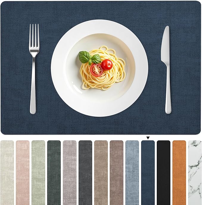 FROMHEART Faux Leather Placemats Set of 6–Waterproof,Heat/Oil Stain-Resistant PU Table Mat–Reversible,Non-Slip,Easy to Clean Place Mats for Kitchen,Dining,Indoor/Outdoor,(Dark Blue,11.8" x 17")