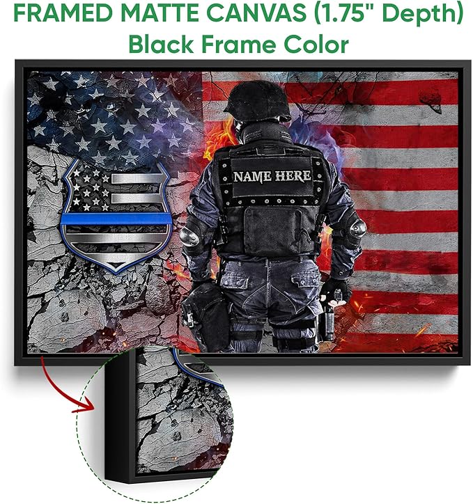 Personalized Police Poster & Framed Canvas, Thin Blue Line American Flag Patriotic Home Office Decor, Custom Name Bedroom Living Room Aesthetic Wall Art Gift For Policeman, Law Enforcement