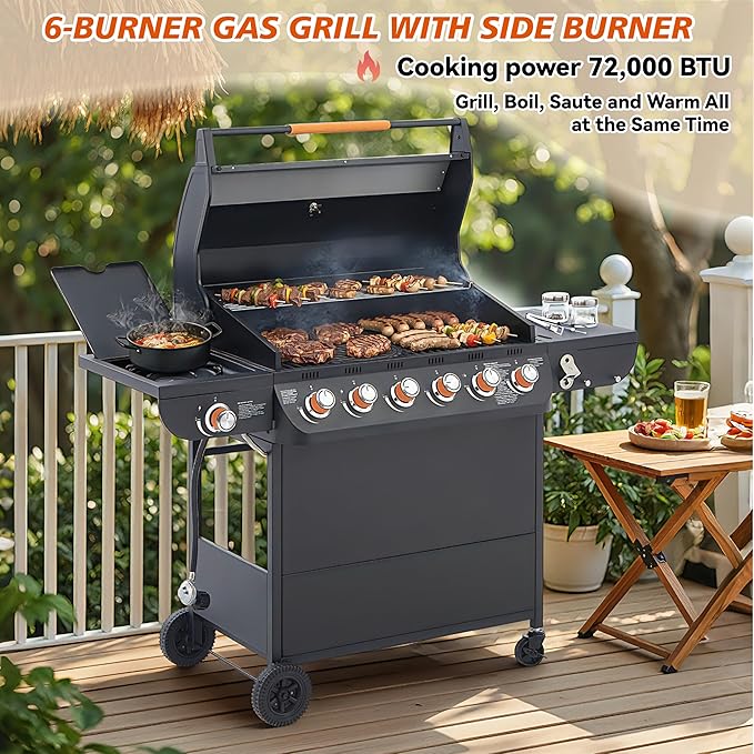 6 Burner Propane Gas Grill, 72,000 BTU Gas Grill with Side Burner, BBQ Grill with Cast Iron Grates, Stainless Steel Frame, 650 Sq In Cooking Area, Outside Grill for Patio Backyard