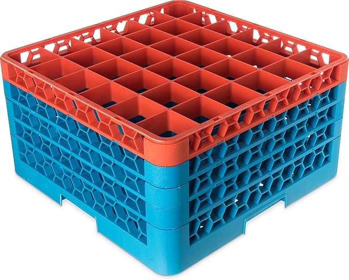 CFS RG36-4C412 OptiClean 36 Compartment Glass Rack with 4 Extenders, 10.3", Polypropylene, Orange/CFS Blue