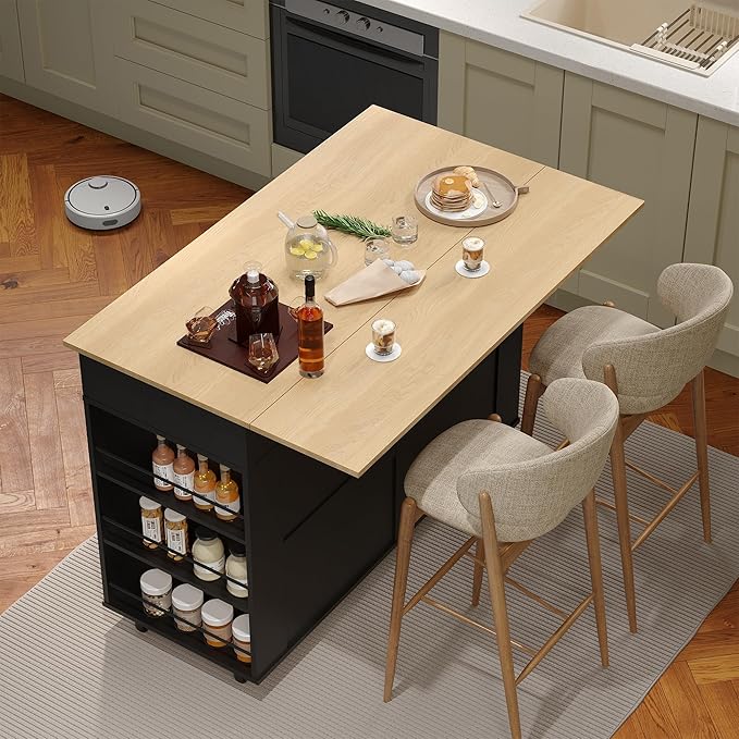 Garvee Rolling Kitchen Island Cart with Power Outlet & Drop Leaf, Kitchen Storage Cabinet On Wheels with 3 Drawers, Spice Rack & Towel Rack, Mobile Island Table for Kitchen