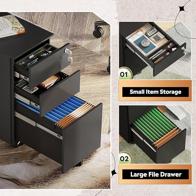 DEVAISE 3 Drawer File Cabinet with Lock, Under Desk Metal Filing Cabinets with Wheels for Home Office Fit Legal/Letter/A4 File, Assembled Except Casters,Black