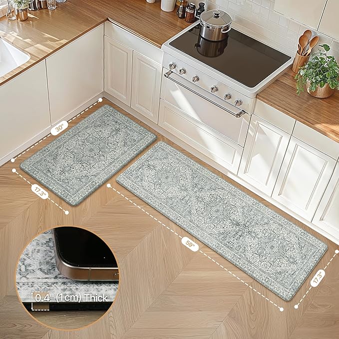GENIMO Kitchen Mats for Floor, 2PCS Kitchen Rugs Non Slip Washable, Waterproof Anti Fatigue Mat, Comfort Standing Runner Rug for Sink, Office, Laundry, Home, 17.3"x59"+17.3"x30", Blue Grey
