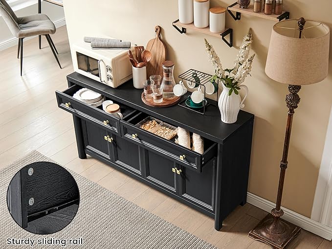 Farmhouse Buffet Cabinet, 59" Large Sideboard Buffet Credenza Storage with Shelves & 4 Doors, Rustic Wood Coffee Bar Console for Kitchen, Living Room, Black