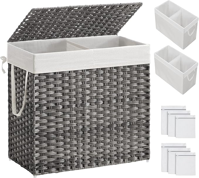SONGMICS Laundry Hamper with Lid, 130L Double Wicker Basket, 6 Mesh Bags by Unknown