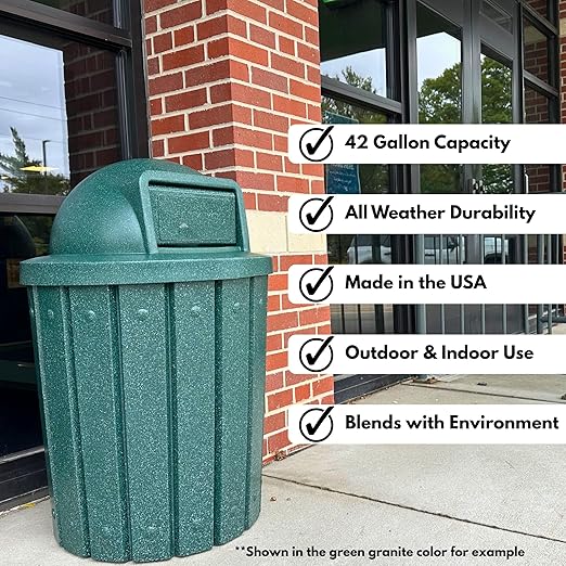Campus Collection 42 Gallon Slatted Round Heavy-Duty Plastic Commercial Outdoor Trash Can with Push Open Dome Lid and Internal Liner | Great for Schools and Businesses - White