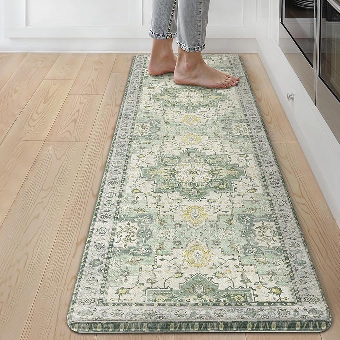 GENIMO Kitchen Mats for Floor, Washable Anti Fatigue Mat for Cushioned, 17.3"x59", Waterproof Kitchen Rugs, Non Slip Foam Comfort Standing Mat Rug for Home, Runner, Sink, Laundry, Light Green