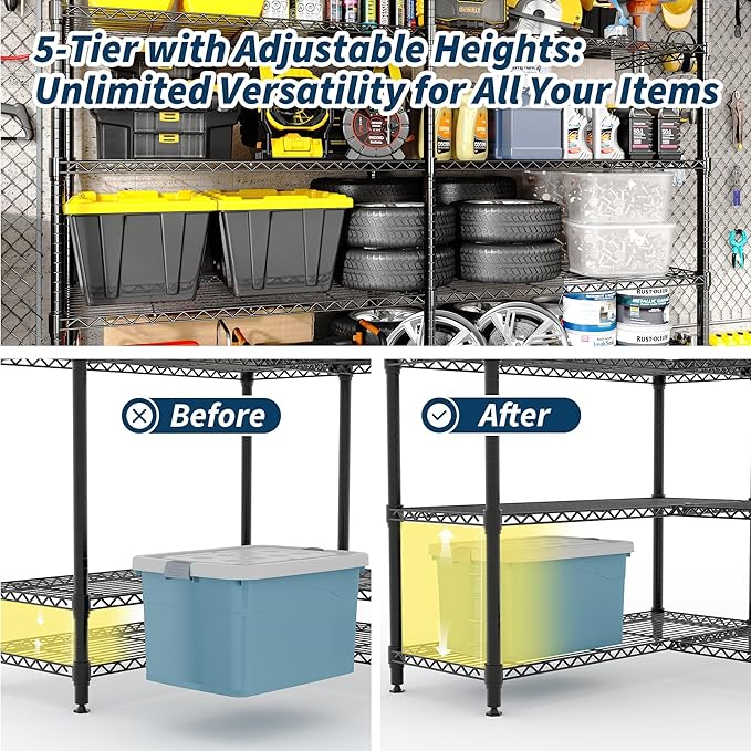 GarveeLife 70" H Storage Shelves L-Shaped 1325 LBS Heavy Duty Metal Shelving 5-Tier Wire Shelving for Corner Storage Rack Adjustable Pantry Shelf for Kitchen Pantry, 70.8" H x 70.5" W x 15.8" D