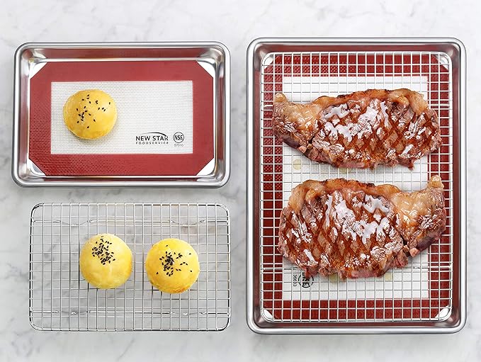 New Star Foodservice 1028768 Commercial-Grade Bun Pan/Baking Sheet, Baking Mat, Cooling Rack Combo, 1/8 and 1/4 Sizes Each