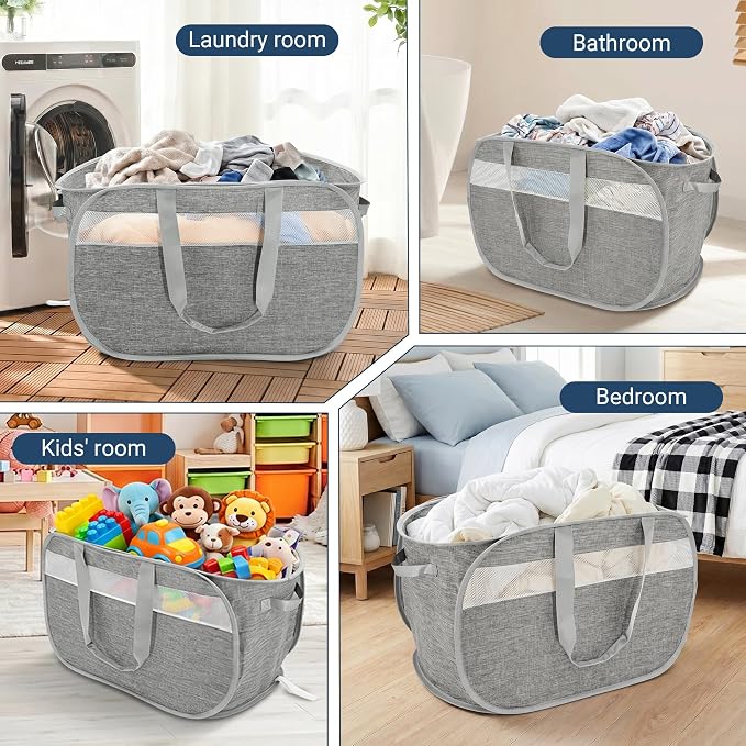 100L Collapsible Laundry Baskets, Foldable Dual Handles Laundry Hamper Grey | - Image 7