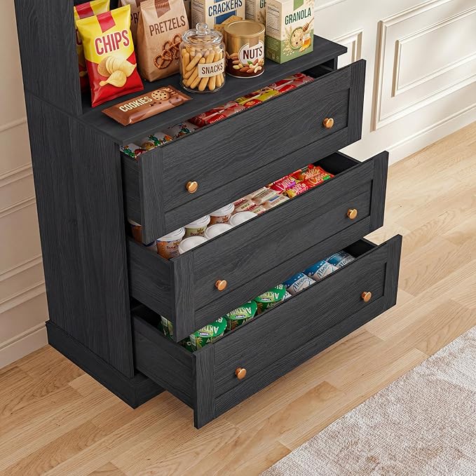 71" Farmhouse Kitchen Pantry Cabinet Set of 2, Black Freestanding Coffee Bar Hutch with Glass Doors, Drawers & Adjustable Shelves, Large Storage Cabinet with Microwave Stand for Kitchen & Living Room