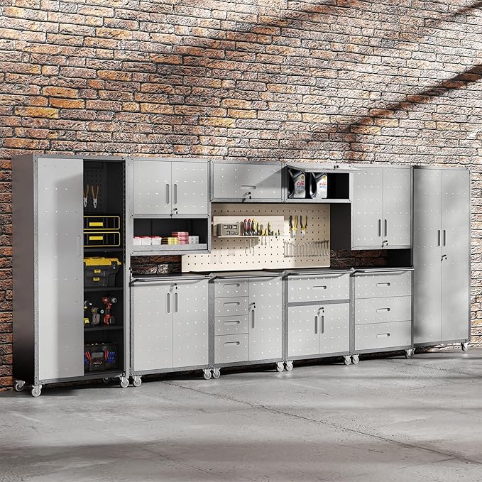 Tall Metal Storage Cabinet with Wheels Heavy Duty Large Metal Garage Cabinets with Adjustale Shelves Lockable Rolling Tool Cart for Warehouse Basement Kitchen, Assembly Required