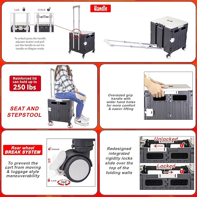 dbest Products Quik Cart Swing Lid Four Swivel Wheeled Rolling Crate Teacher Utility with seat Heavy Duty Collapsible Basket with Dual Telescopic Wagon Handle