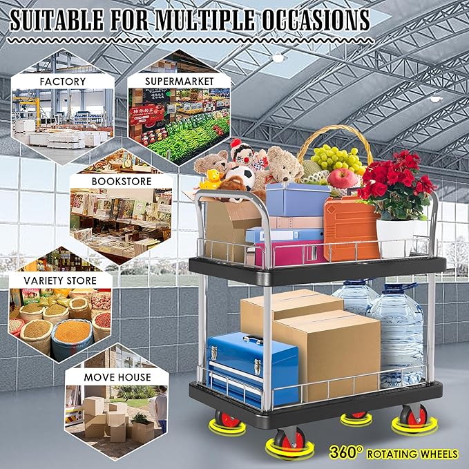 2 Shelf Utility Service Cart- 660lbs Capacity Heavy-Duty Plastic Rolling Utility Carts with 4 of 360° Swivel Wheels and Handle, Large Service Cart for Groceries,Warehouse,Garage 34.6''x 22.8''