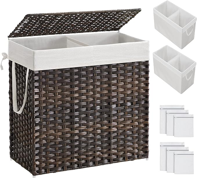 SONGMICS Laundry Hamper with Lid, 130L Double Wicker Basket, 6 Mesh Bags by Unknown