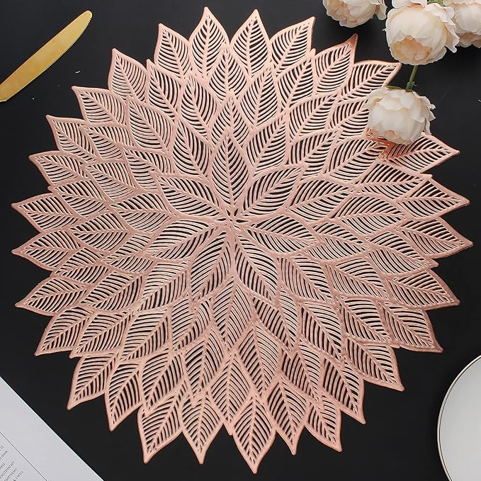 Placemats Set of 6, Round Hollow Out Flowers Place Mats for Dining Table Pressed Vinyl Blooming Leaf Table Mats for Holiday Party Wedding Accent Centerpiece Dinner Table Decoration (Rose Gold)