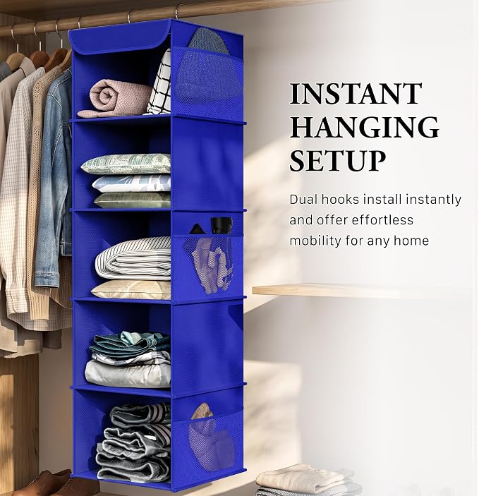Simple Houseware 5 Shelf Hanging Closet Organizer, Dark Blue | 360° Rotating - Image 6