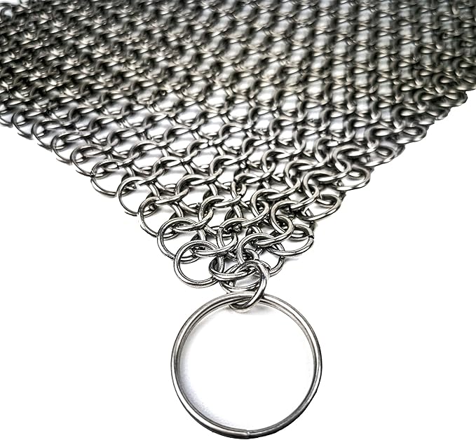 Mythrojan Cast Iron Scrubber 316 Stainless Steel Skillet Cleaner Chainmail Scrubber Chain Mail Scrub with Hanging Ring for Cast Iron Pre-Seasoned Pans (15 X 15cm)