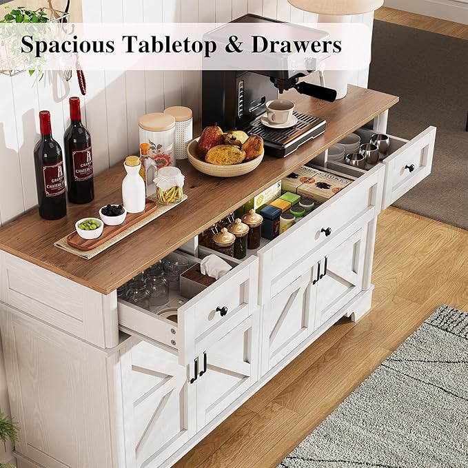 Farmhouse Buffet Cabinet with Storage, 55 Inch White Sideboard Buffet Cabinet with Adjustable Shelves & 3 Drawers, Buffet Table Coffee Bar Wine Bar Storage for Kitchen & Living Room