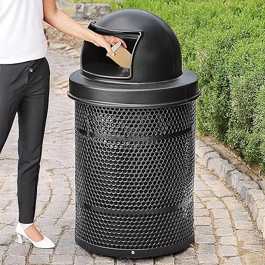 32 Gallon Perforated Recycle Container with Plastic Dome Lid, Steel Outdoor Heavy-Duty Commercial Trash Can, Black Round Waste Bin, Durable Garbage Can for Municipalities, Schools, Parks, Parking