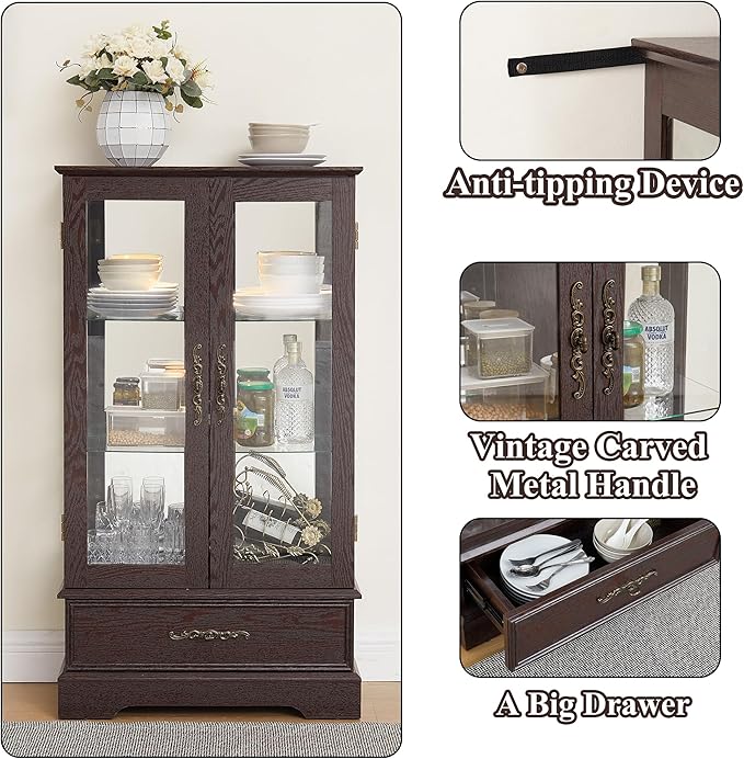 47" H Lighted Curio Cabinet Display Case, Glass Case with Adjustable Shelves,Tempered Glass Door and Drawer, Wooden Curio Cabinet with Mirrored Back Pane for Living Room (Dark Cherry)