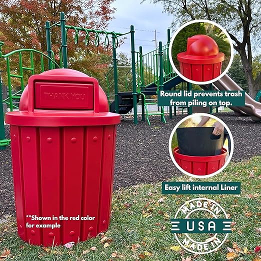 Campus Collection 42 Gallon Slatted Round Heavy Duty Plastic Commercial Outdoor Trash Can with Push Open Dome Lid and Internal Liner | Great for Schools and Businesses - Red