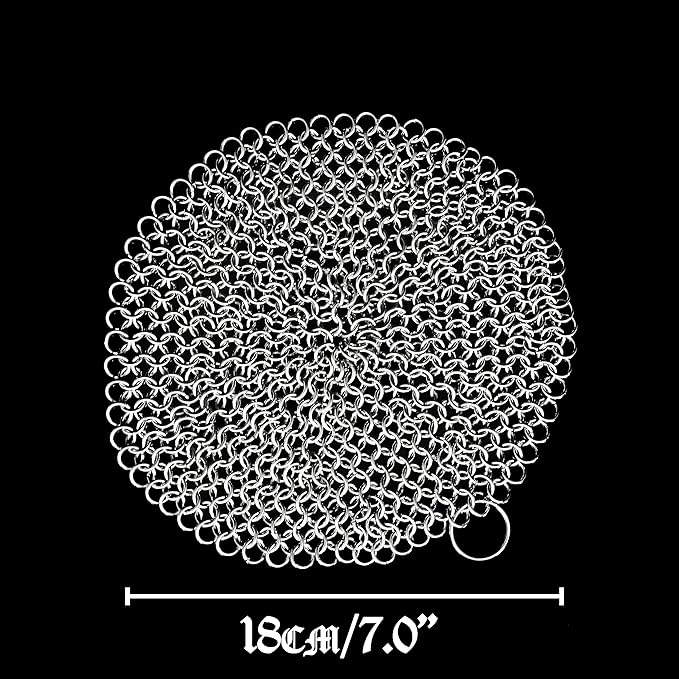 Mythrojan Cast Iron Cleaner, 7 Inches Stainless Steel Round Chainmail Scrubber For Cast Iron Pan Skillet, Wok, Pot, Pan; Pre-Seasoned Pan Dutch Ovens Waffle Iron Pans Scraper Cast