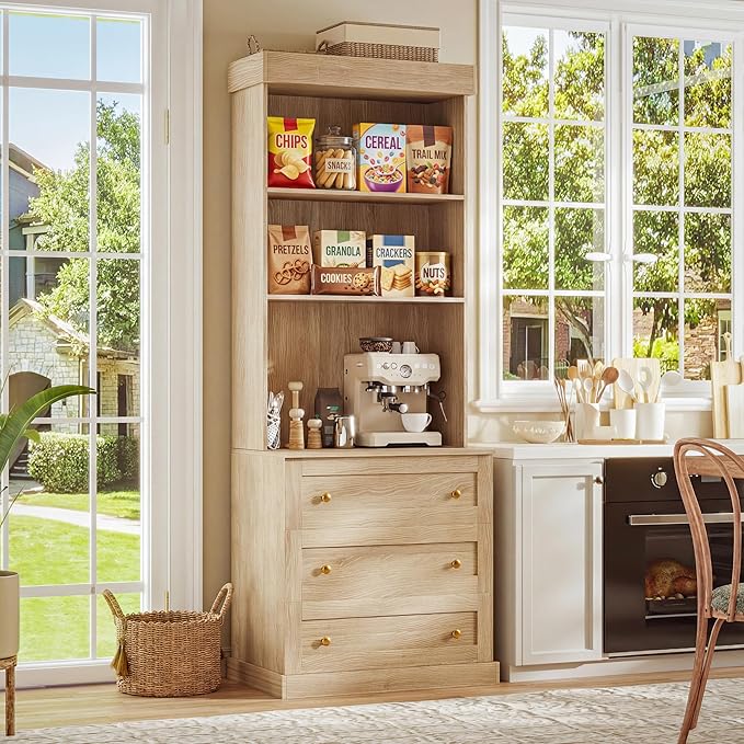 Vyre 71" Farmhouse Kitchen Pantry Cabinet Set of 3, Brown Freestanding Coffee Bar Hutch with Glass Doors & Adjustable Shelves, Large Storage Cabinet with Microwave Stand for Living Room & Kitchen
