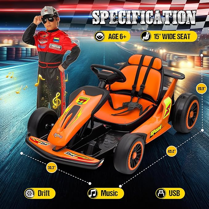 24V Electric Go Kart for Kids, Drift Kart with 400W Motors, EVA Tires, Max Speed 8.1 MPH, Music, Wireless, Electric Drifting Cart Outdoor Ride on Toy for Kids Ages 6+ (Orange)