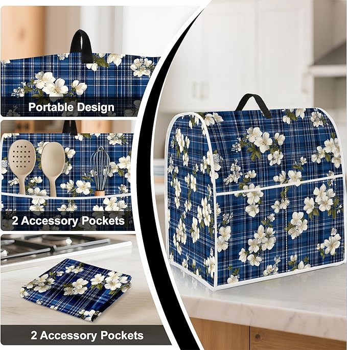 Stand mixer cover with handle and storage bag, reusable and washable, stylish retro floral design, keeps kitchen countertops clean and tidy (fits 6-8 quart mixers).