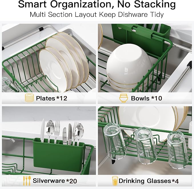 JASIWAY Green Dish Drying Rack in Sink, Dish Drainer - Image 7