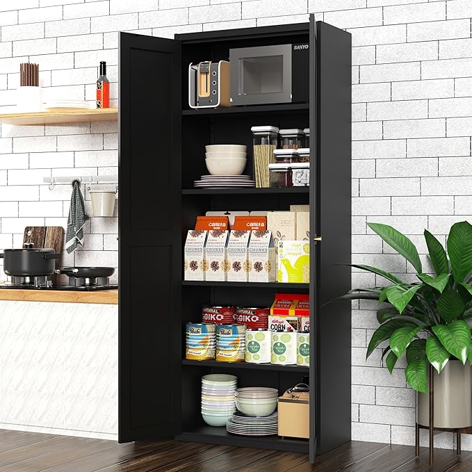 Food Pantry Cabinet, 71" Kitchen Pantry Storage Cabinets with Doors and Adjustable Shelves, Metal Hutch Cabinet with Storage for Kitchen, Living Room, Dining Room, Black