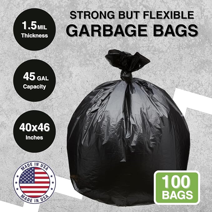 Top Knot Bags 45 Gallon Garbage Trash Bag 40X46" 1.5 Mil Black 100 Count Can - Image 2