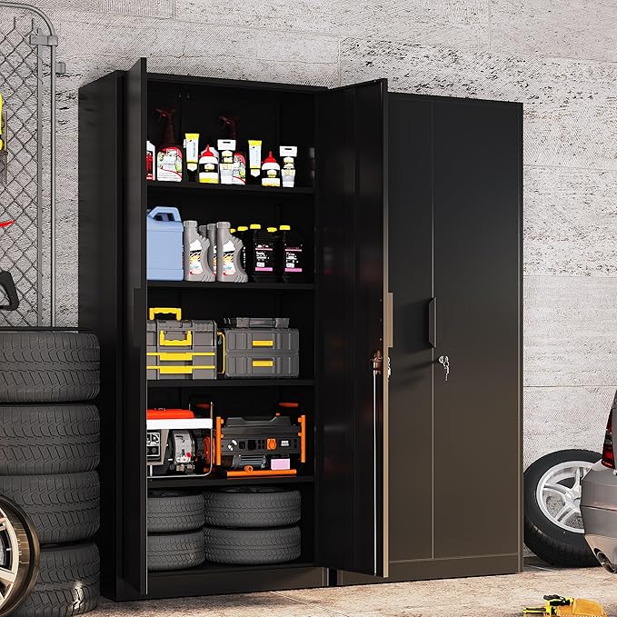 71" H Metal Garage Storage Cabinets, Locking Cabinet with Doors and Shelves, Kitchen Pantry Cabinet, Metal Storage Cabinet for Home/Office/Warehouse, Black