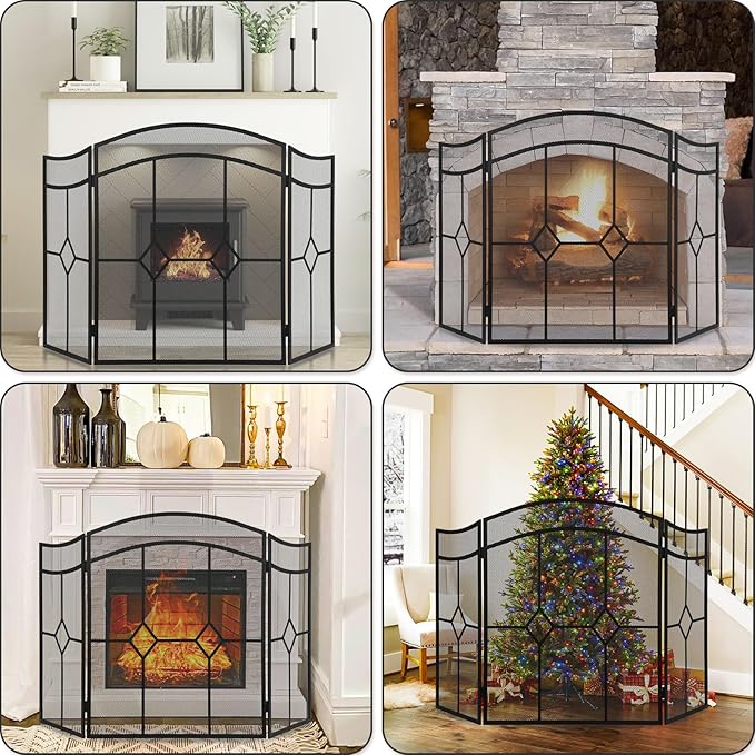 FEED GARDEN 3 Panel Fireplace Screen Wrought Iron 48" W x 30" H Foldable Heavy Duty Fire Spark Guard Cover with Metal Decorative Mesh for Living Room, Home Decor Indoor, Black