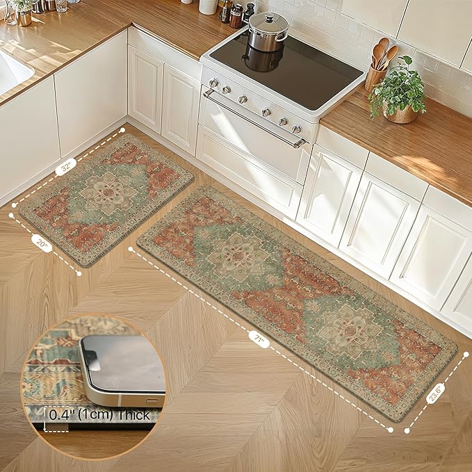 GENIMO Kitchen Mats for Floor 2PCs, Washable Anti Fatigue Mat for Cushioned, 23.6"x71"+20" x 32", Waterproof Kitchen Rugs, Non Slip Comfort Standing Mat Rug for Home, Sink, Laundry, Multi Color