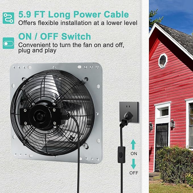 12 Inch Shutter Exhaust Fan, Wall Mount Attic Fan with Power Cord for Greenhouses, Sheds, Garages, Chicken Coops, Barns Ventilation, 970 CFM