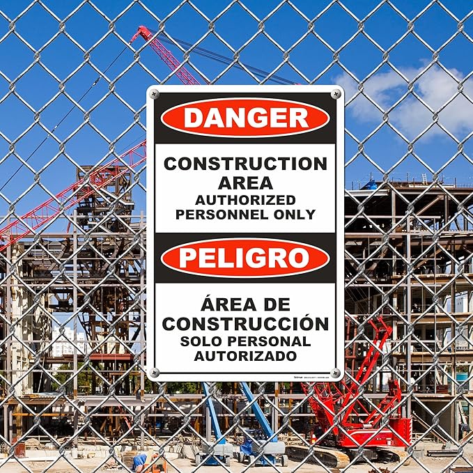 Brimar - 12" x 18" - Bilingual Danger Construction Area Authorized Only Sign - .055″ Polyethylene Plastic - Bold Text - Easy Installation