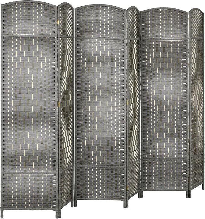 HOMCOM 6 Panel Room Divider, 6' Tall Folding Privacy Screen, Hand-Woven Freestanding Wall Partition for Home Office, Bedroom, Mixed Gray