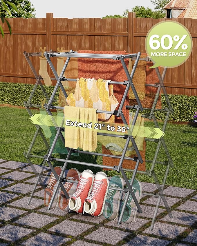 3-Tier Foldable Clothes Drying Rack, 37.6" H, Tool-free Assembly, Extendable - Image 3