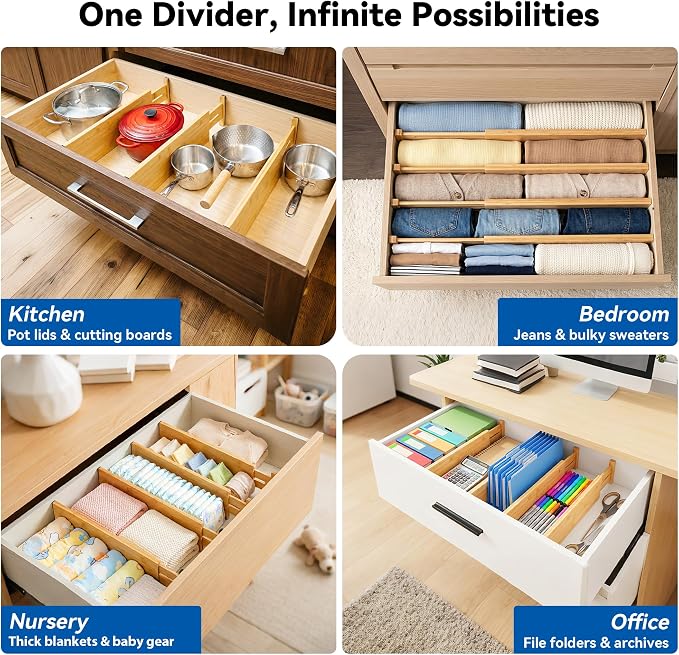 4 Pack 8" Deep Bamboo Drawer Dividers, 17-22" Expandable Kitchen Organizers | - Image 7