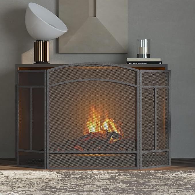Fire Beauty Fireplace Screen 3 Panel Wrought Iron 48"(L) x 29"(H) Spark Guard Cover(Pewter)