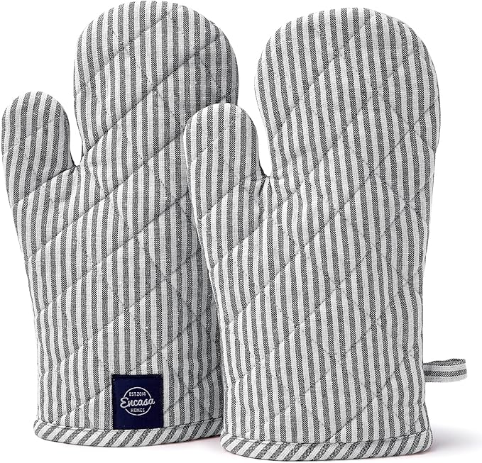 Encasa XO Long 12"x7" Oven Microwave Hand Gloves Mitts (2 pc Set) for Kitchen Cooking & Baking - Heat Resistant, Thick & Safe, Protection of Hands from Hot Utensils - Ticking Black