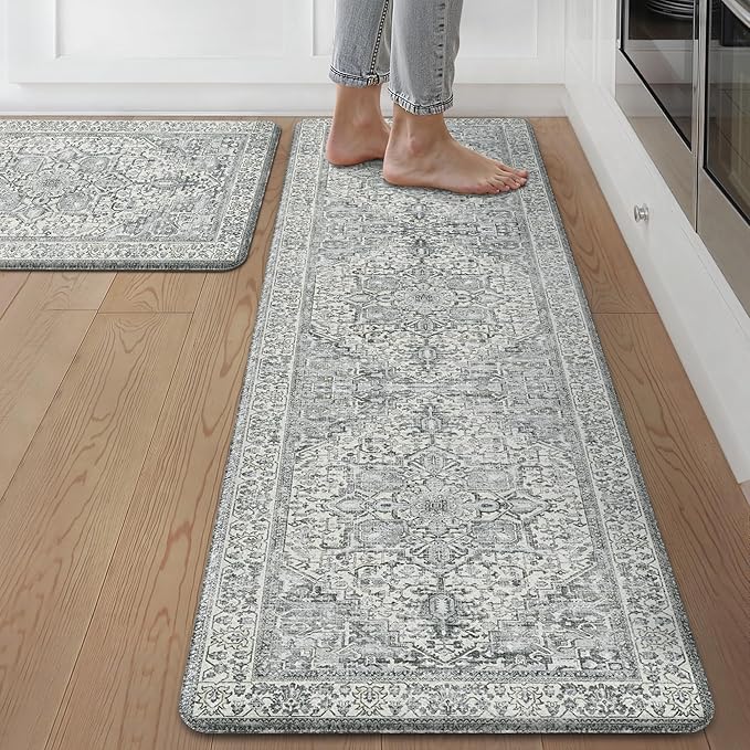 GENIMO Kitchen Mats for Floor, 2PCS Kitchen Rugs Non Slip Washable, Waterproof Anti Fatigue Mat, Comfort Standing Runner Rug for Sink, Office, Laundry, Home, 17.3"x59"+17.3"x30", Blue Grey